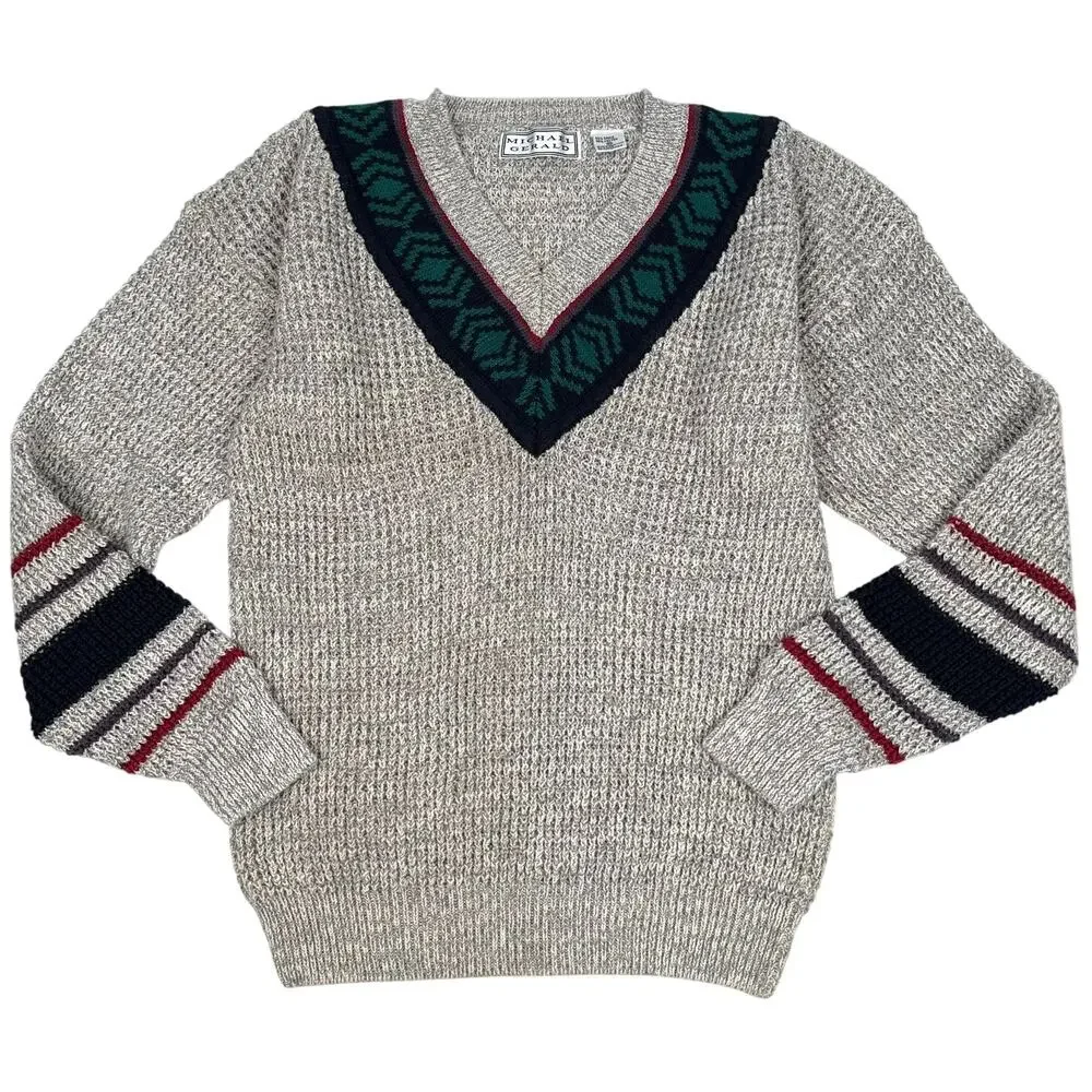 Michael Gerald Vintage Collegiate V-Neck Knit Sweater Geo Border Mens Medium